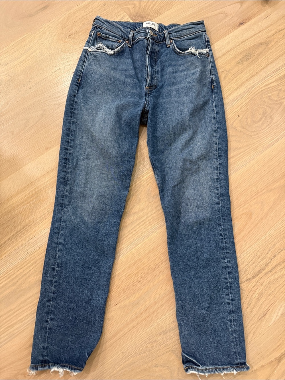 AGOLDE Riley Long High Rise Straight Leg Jeans Medium Wash Distressed 26